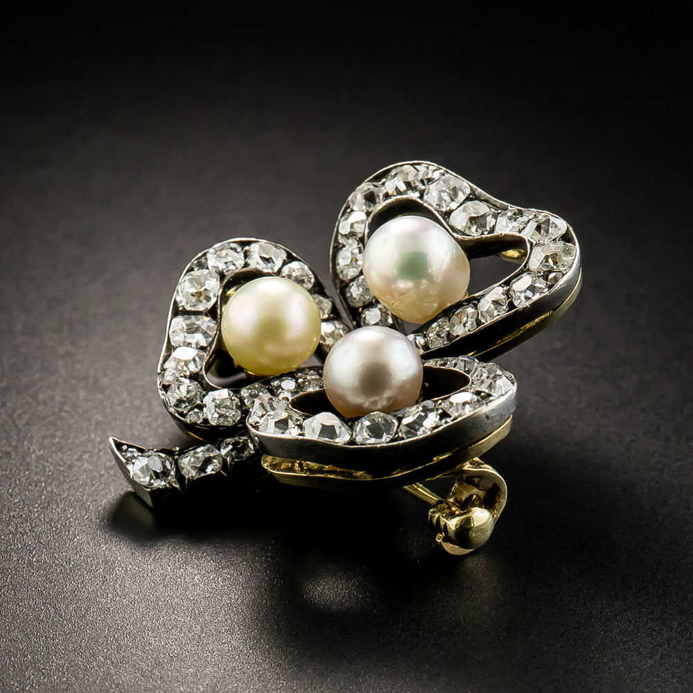 Russian Faberge Three-Leaf Clover Diamond and Natural Pearl Brooch - 5