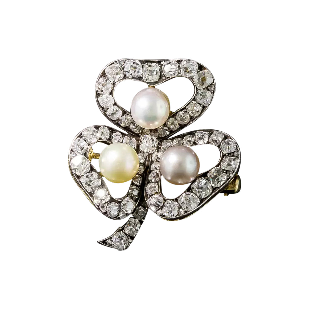 Russian Faberge Three-Leaf Clover Diamond and Natural Pearl Brooch - 4
