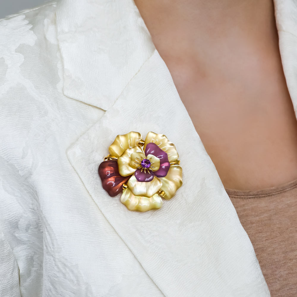 Seaman Schepps Amethyst, Citrine and Mother-of-Pearl Flower Brooch - 5