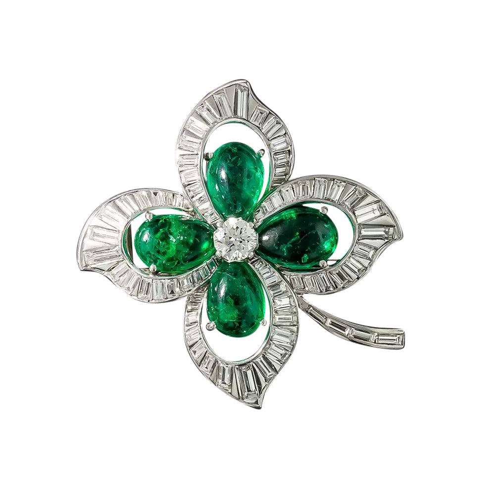 Trabert, Hoeffer & Mauboussin Emerald and Diamond Four Leaf Clover Brooch - 4