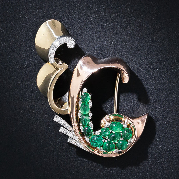 Trabert & Hoeffer Mauboussin "Reflection" Cabochon Emerald Retro Brooch