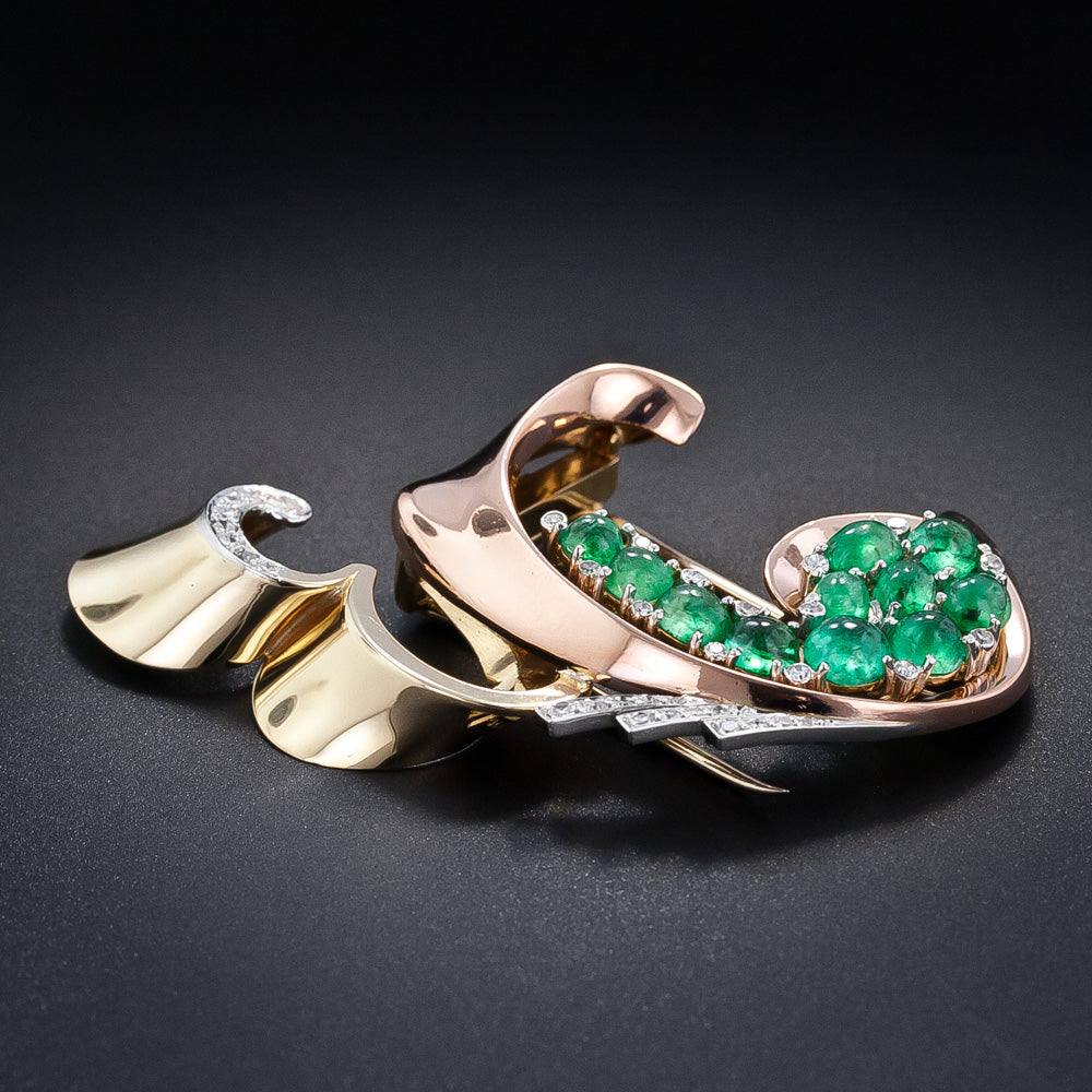 Trabert & Hoeffer Mauboussin "Reflection" Cabochon Emerald Retro Brooch - 3