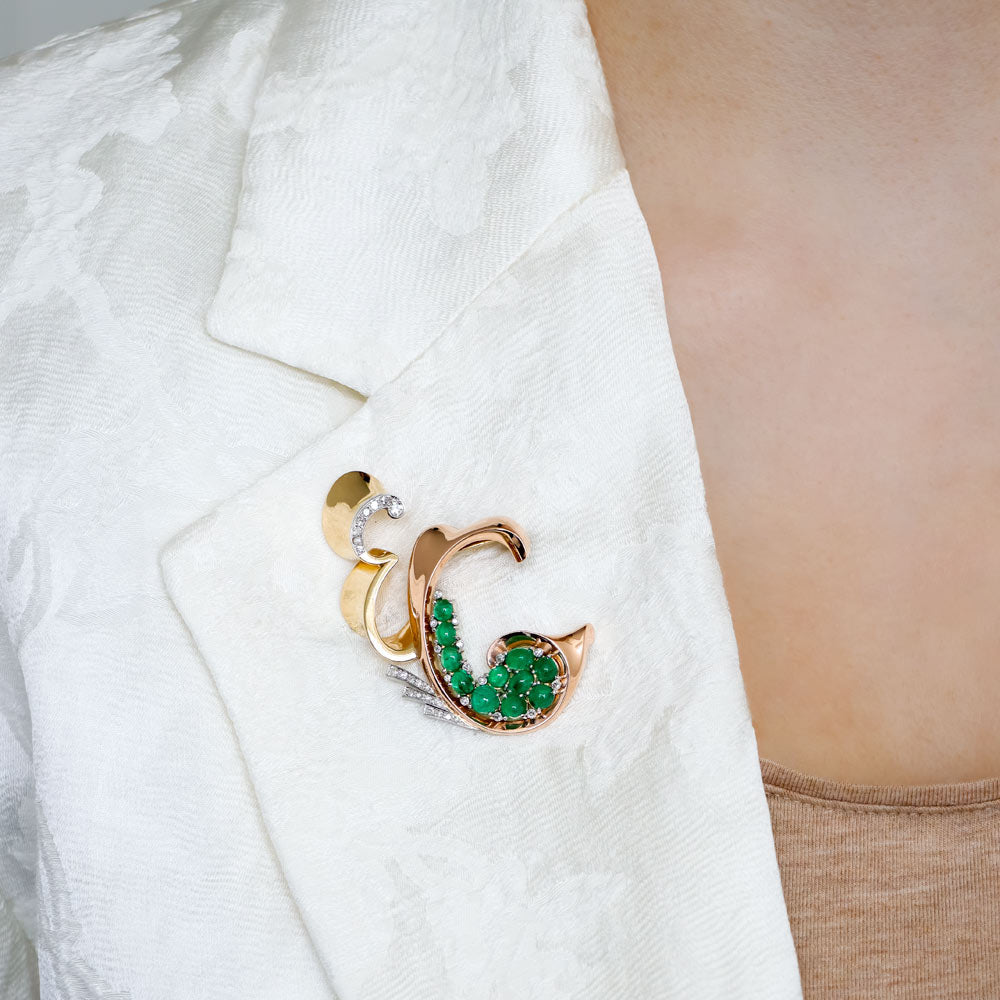 Trabert & Hoeffer Mauboussin "Reflection" Cabochon Emerald Retro Brooch - 6