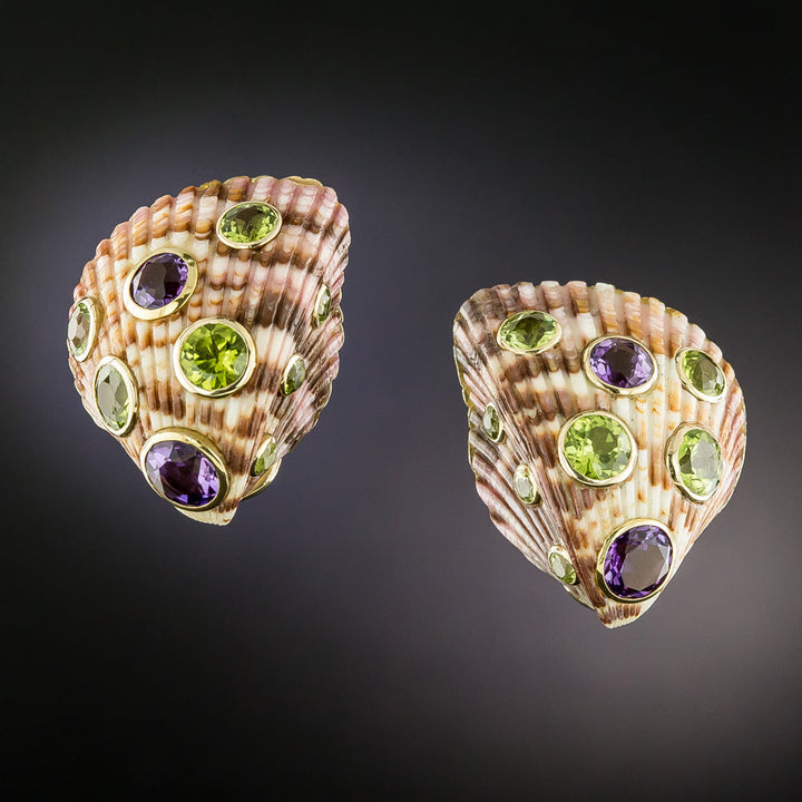 Trianon Peridot and Amethyst Seashell Earrings
