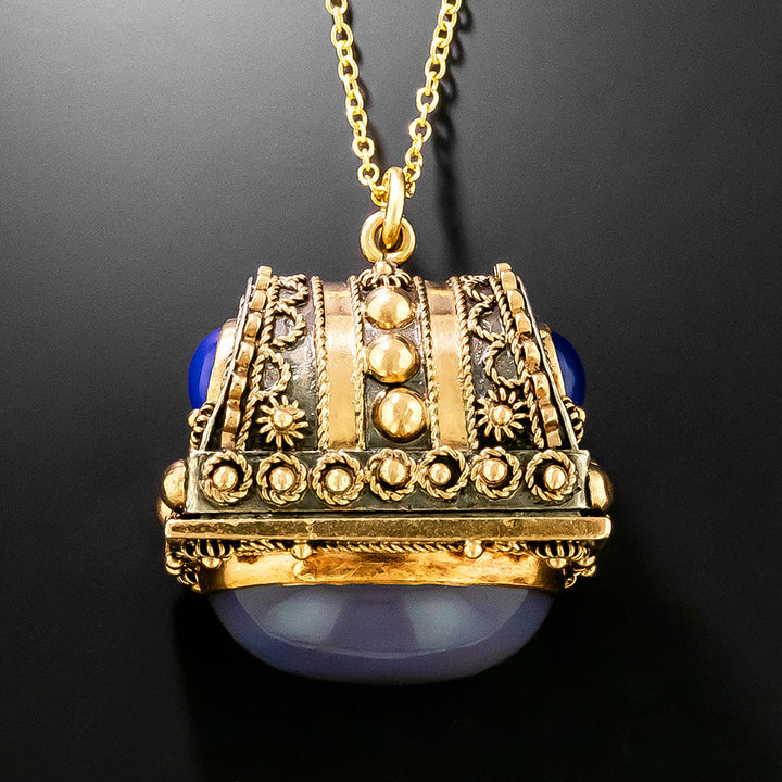 Victorian 18K Blue Chalcedony Treasure Chest Pendant
