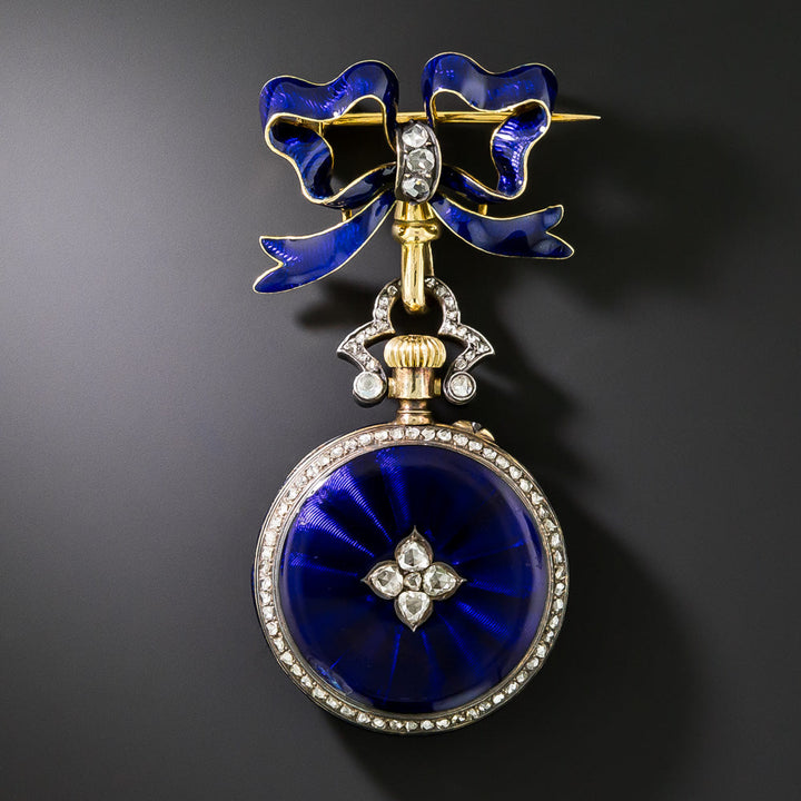Victorian 18K Blue Enamel and Rose-Cut Diamond Pin Watch