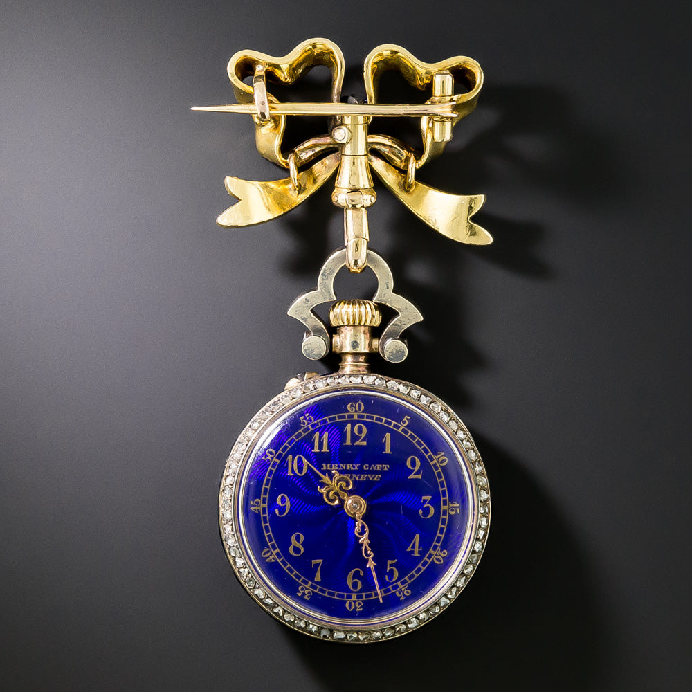 Victorian 18K Blue Enamel and Rose-Cut Diamond Pin Watch  - 5