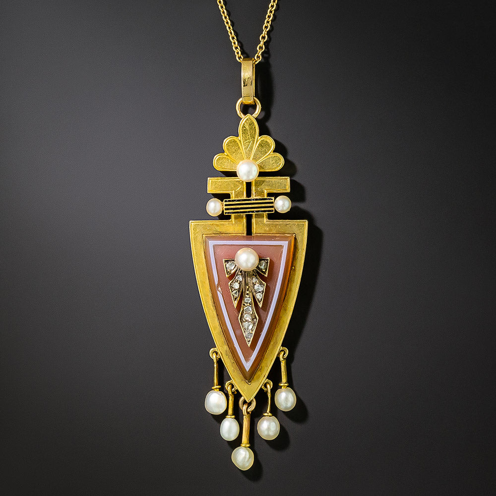 Victorian 18K Carnelian and Pearl and Diamond Pendant - 2
