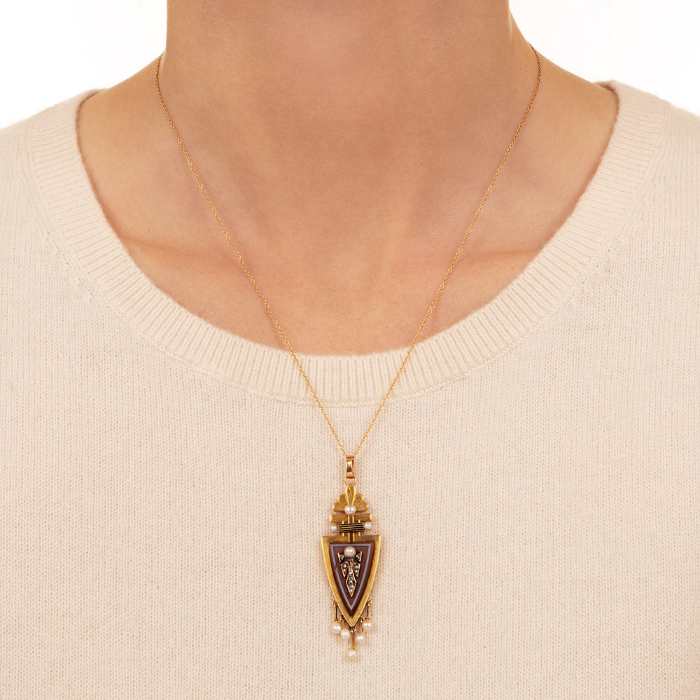 Victorian 18K Carnelian and Pearl and Diamond Pendant - 3