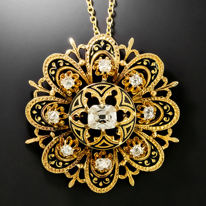 Victorian 18K Diamond and Enamel Flower Pendant/Brooch