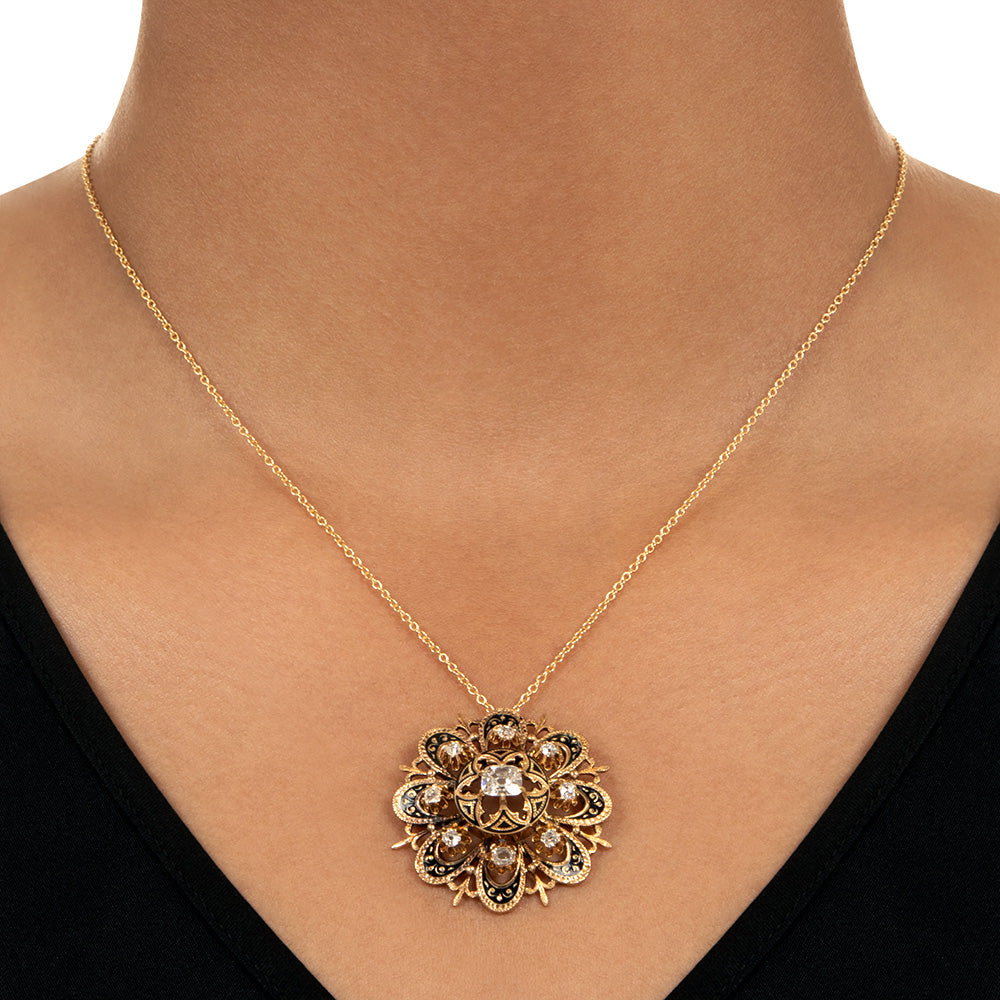 Victorian 18K Diamond and Enamel Flower Pendant/Brooch - 3