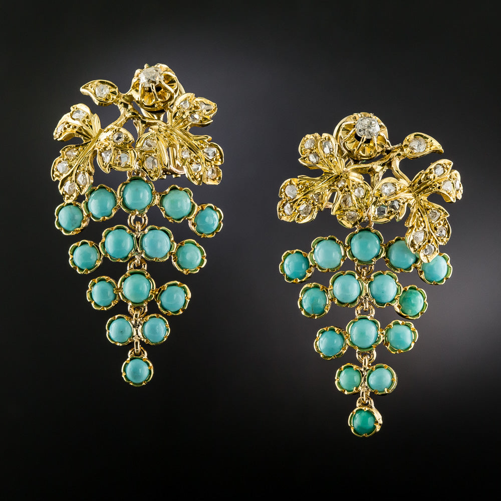 Victorian 18K Diamond and Turquoise Grape Cluster Earrings - 3