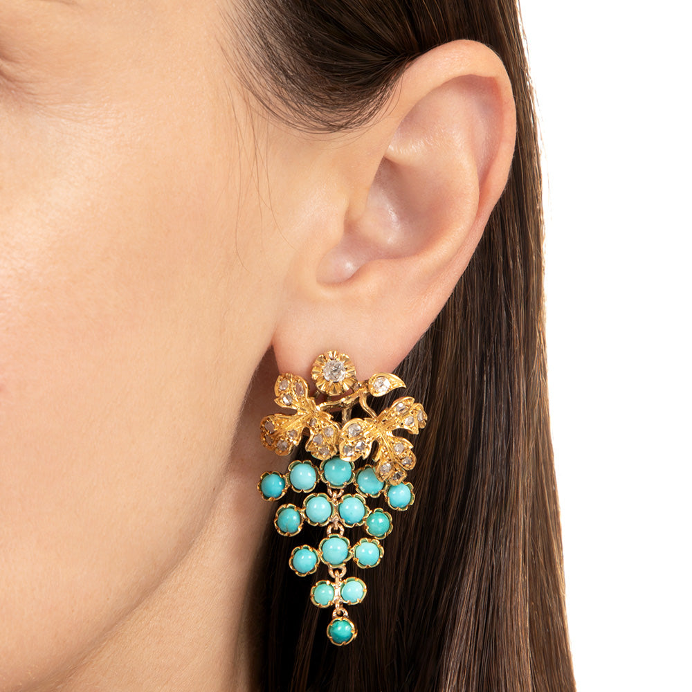 Victorian 18K Diamond and Turquoise Grape Cluster Earrings - 5