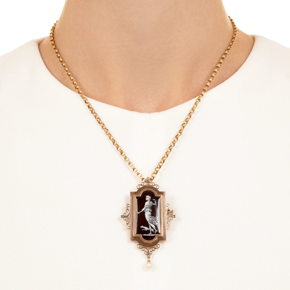 Victorian 18K, Enamel, Pearl and Diamond Artemis Pendant Locket/Brooch - 4