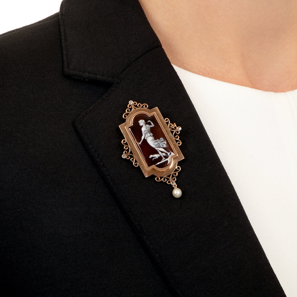 Victorian 18K, Enamel, Pearl and Diamond Artemis Pendant Locket/Brooch - 5