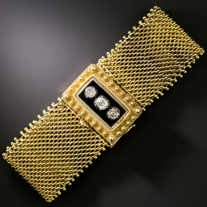 Victorian 18K Gold, Diamond and Enamel Mesh Bracelet