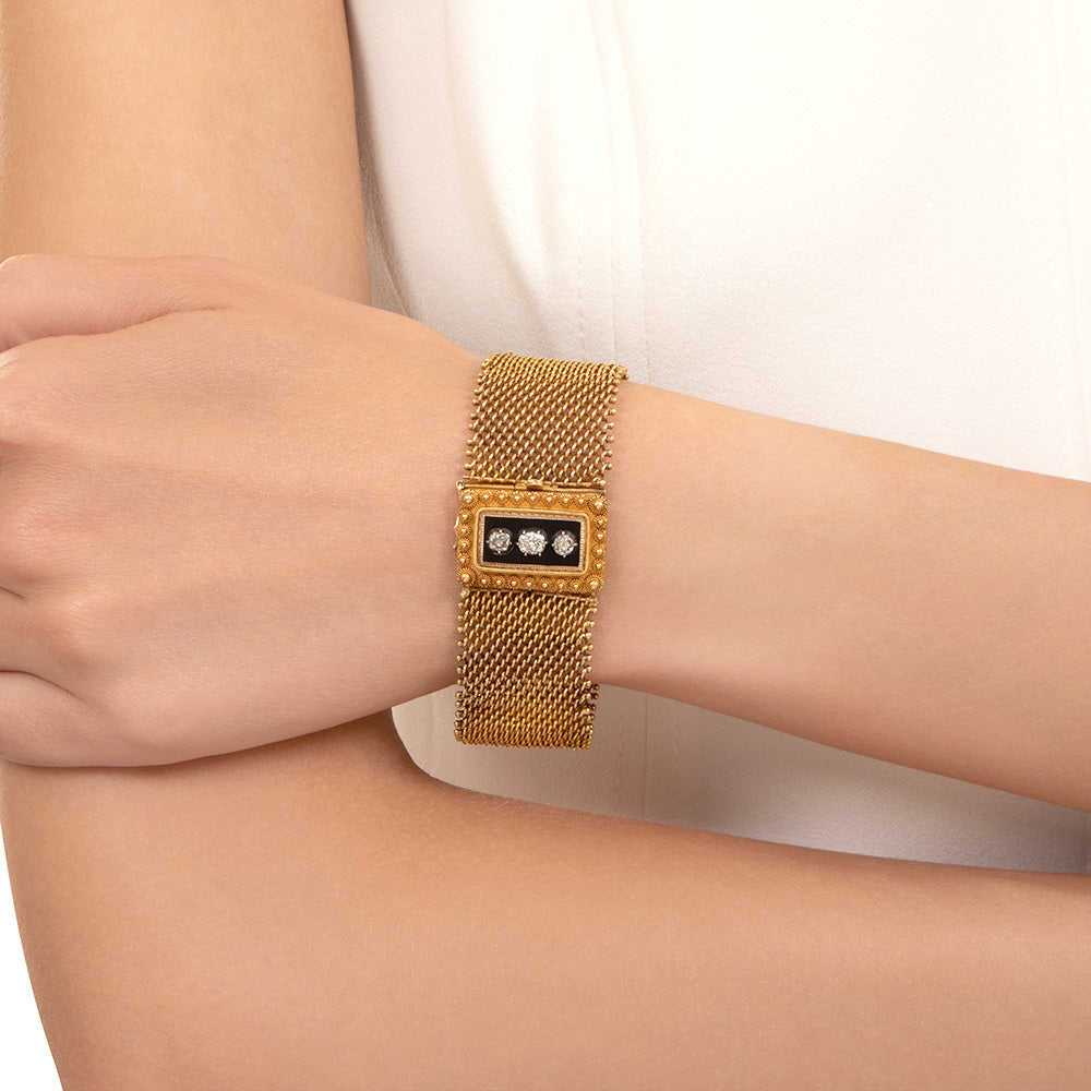 Victorian 18K Gold, Diamond and Enamel Mesh Bracelet - 4