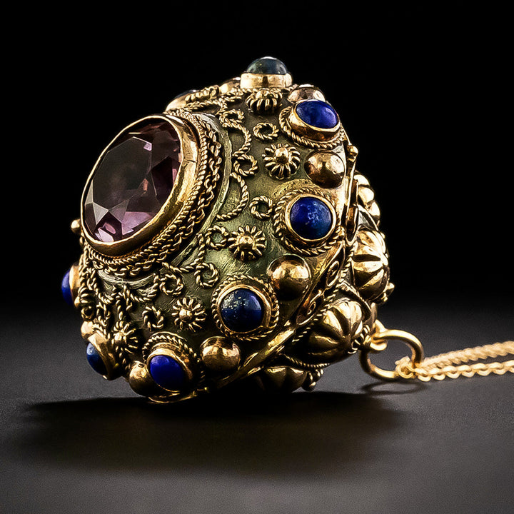 Victorian 18K Lapis and Amethyst Lantern Pendant