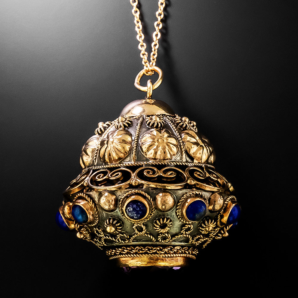 Victorian 18K Lapis and Amethyst Lantern Pendant - 3