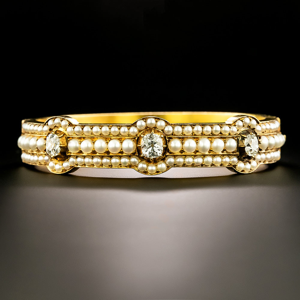 Victorian 18K Natural Pearl and Diamond Bangle Bracelet - 2