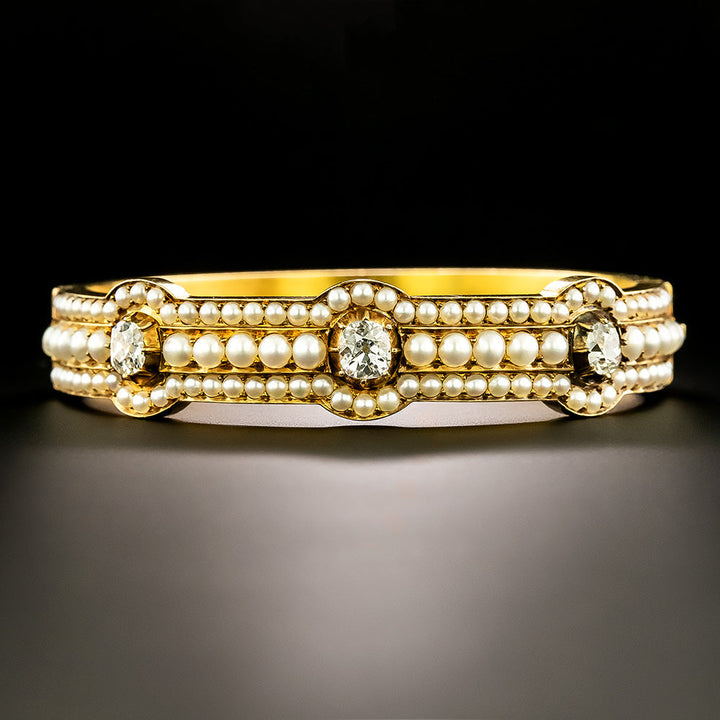 Victorian 18K Natural Pearl and Diamond Bangle Bracelet