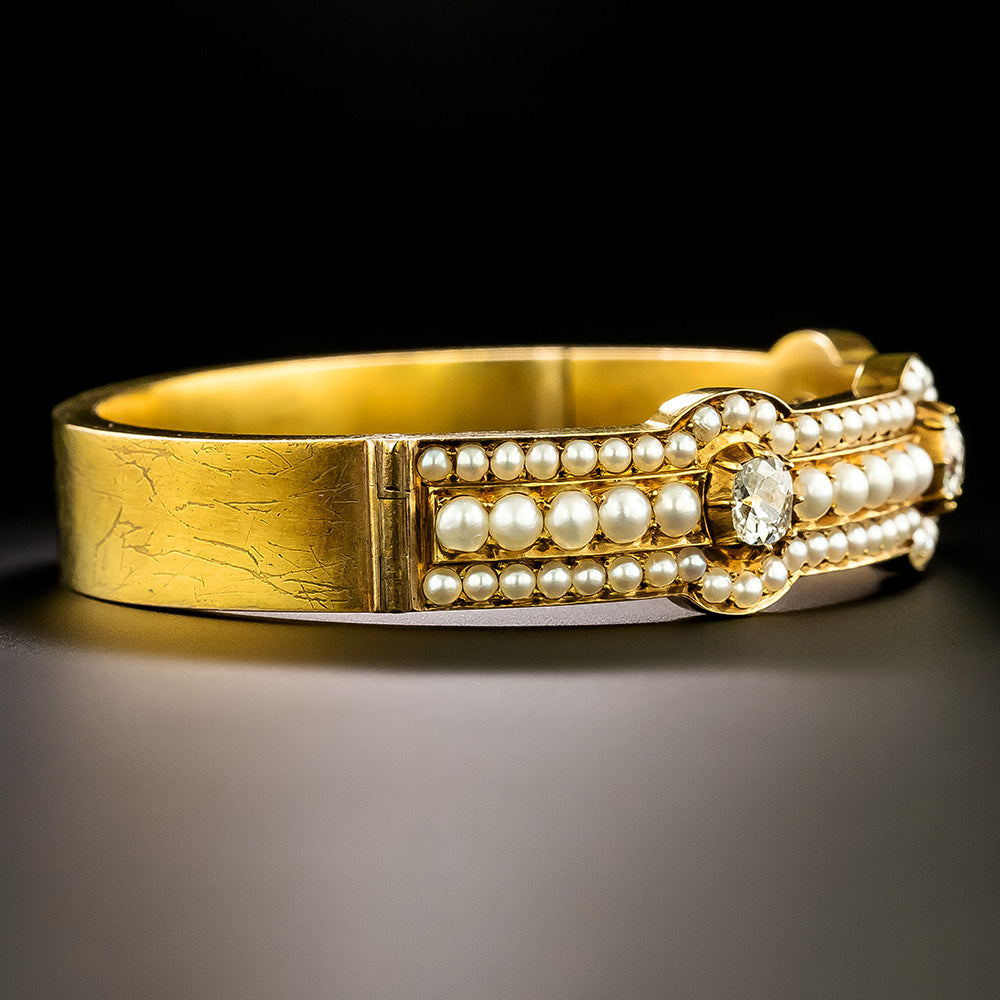 Victorian 18K Natural Pearl and Diamond Bangle Bracelet - 3