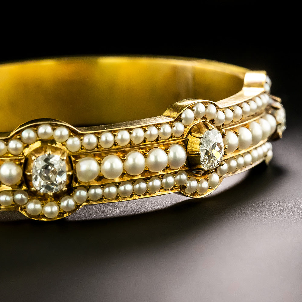 Victorian 18K Natural Pearl and Diamond Bangle Bracelet - 4