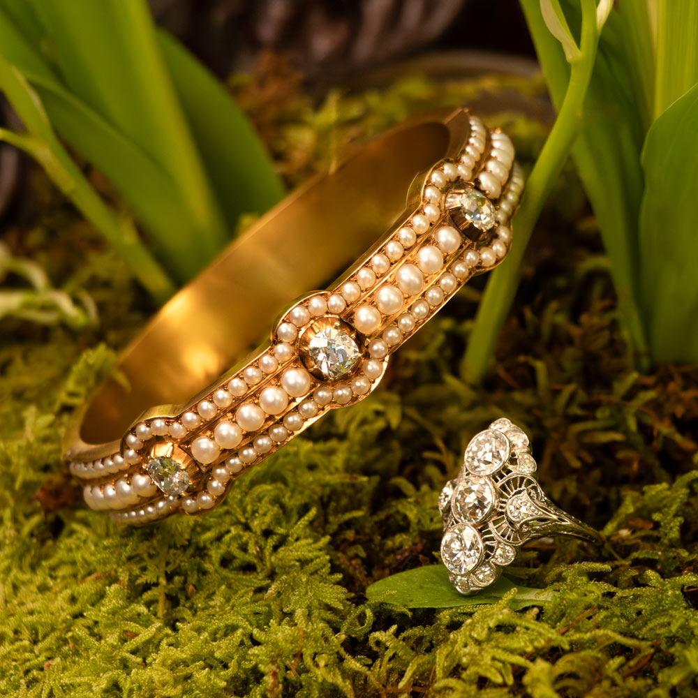 Victorian 18K Natural Pearl and Diamond Bangle Bracelet - 6
