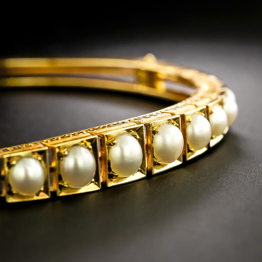 Victorian 18K Natural Pearl Bangle Bracelet - 4