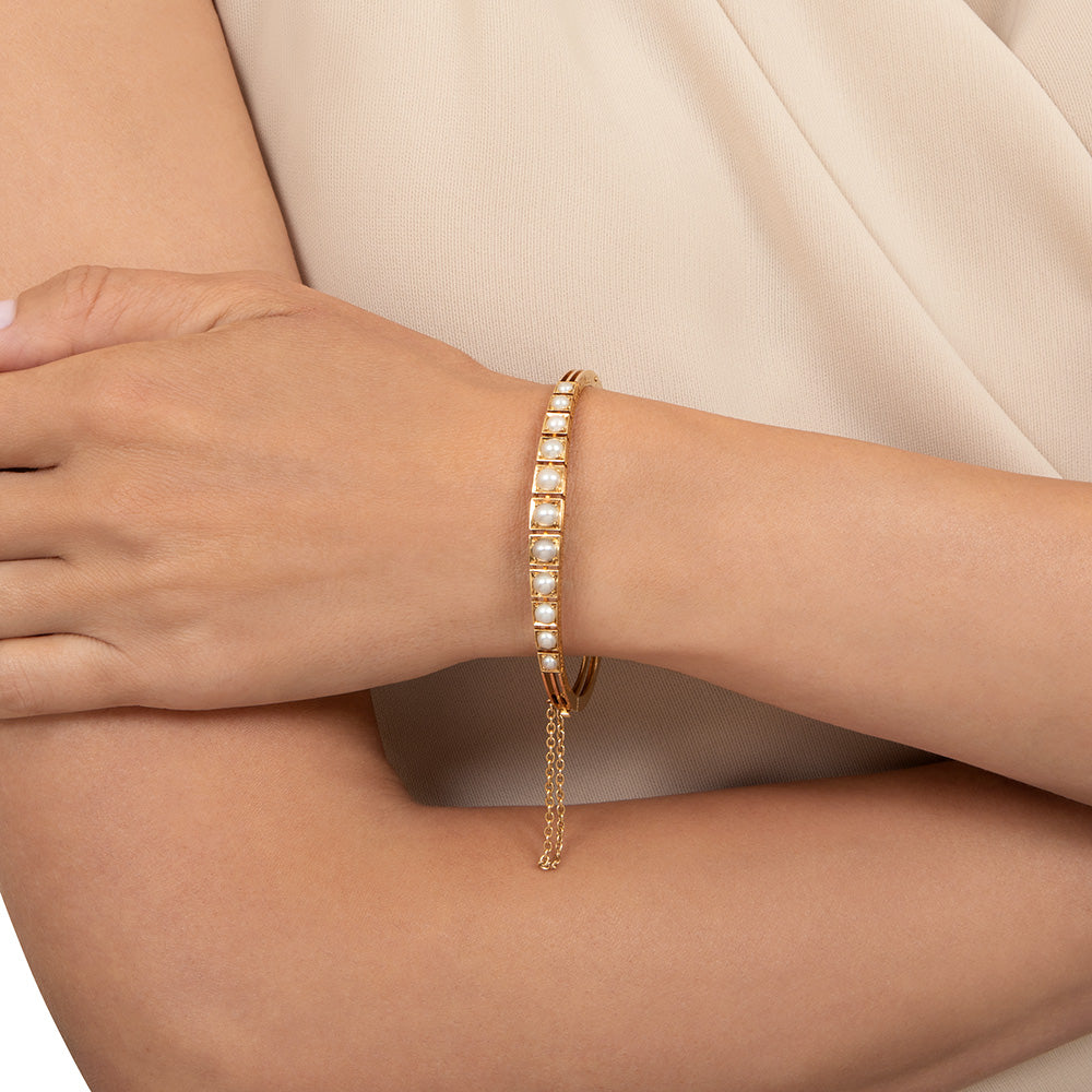 Victorian 18K Natural Pearl Bangle Bracelet - 5