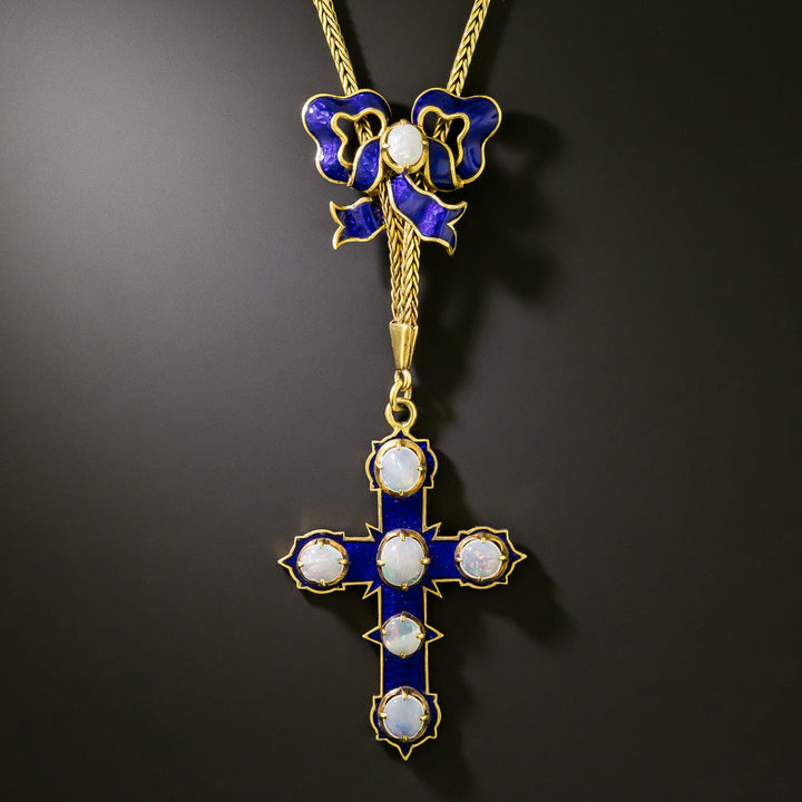 Victorian 18K Opal and Blue Enamel Cross