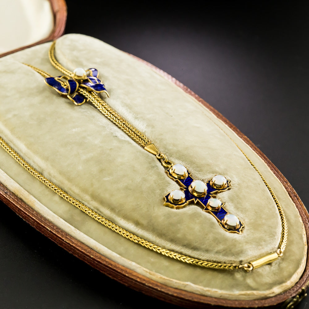Victorian 18K Opal and Blue Enamel Cross - 4