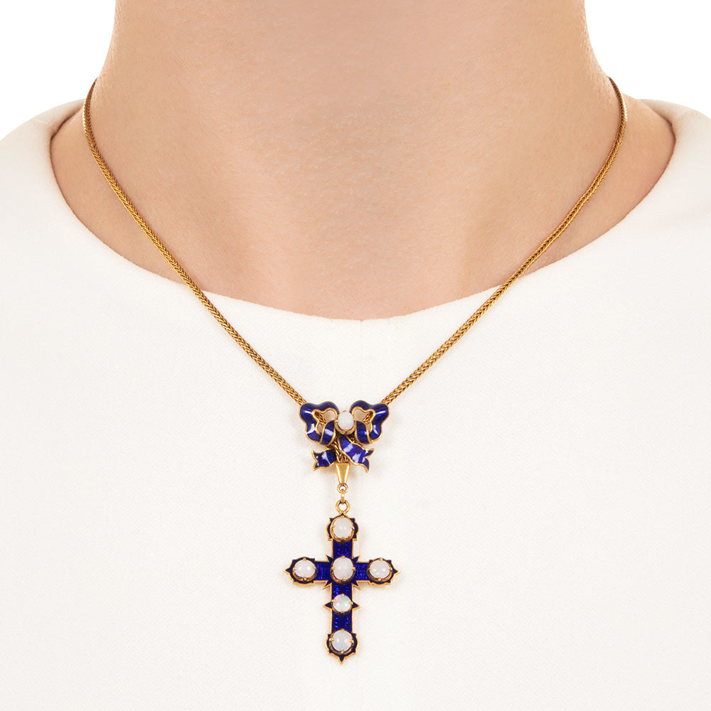 Victorian 18K Opal and Blue Enamel Cross - 5