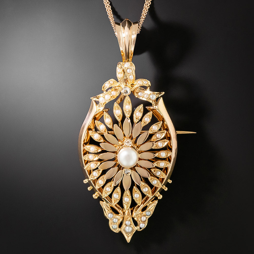 Victorian 18K Rose Gold Seed Pearl and Natural Pearl Necklace/Brooch - 1