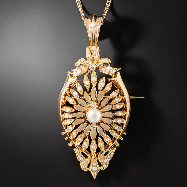 Victorian 18K Rose Gold Seed Pearl and Natural Pearl Necklace/Brooch
