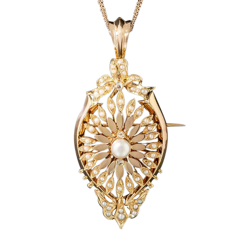 Victorian 18K Rose Gold Seed Pearl and Natural Pearl Necklace/Brooch - 3