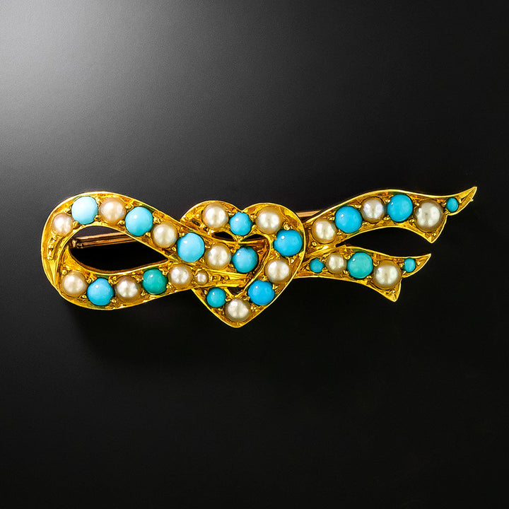 Victorian 18K Turquoise and Natural Pearl Brooch
