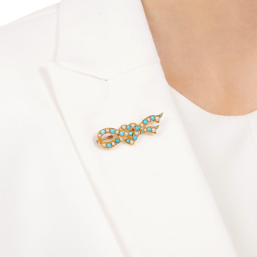 Victorian 18K Turquoise and Natural Pearl Brooch - 4