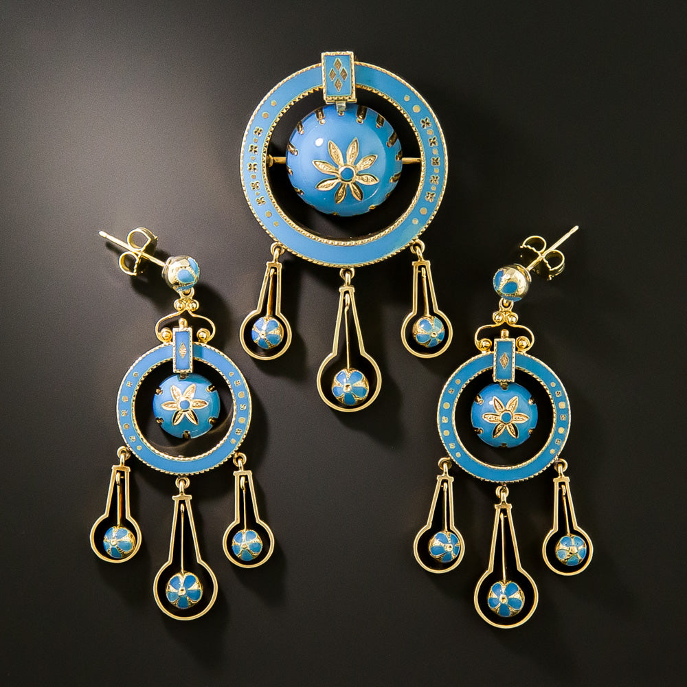 Victorian 18K Turquoise Enamel Brooch and Earring Set - 3