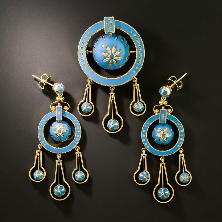 Victorian 18K Turquoise Enamel Brooch and Earring Set