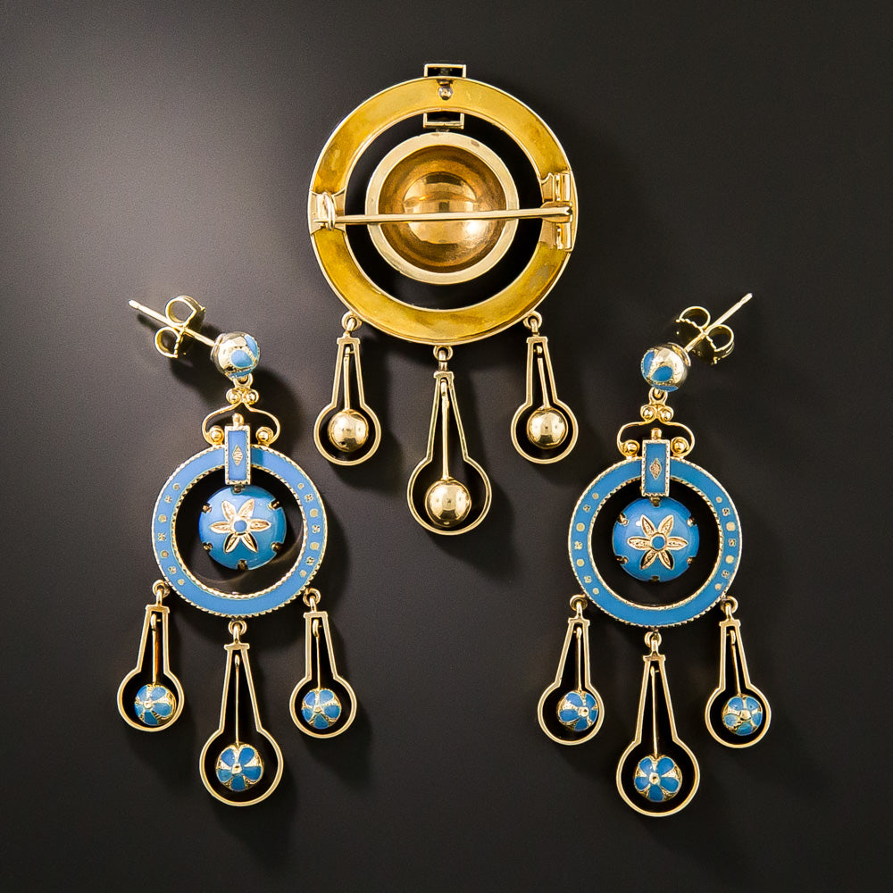 Victorian 18K Turquoise Enamel Brooch and Earring Set - 4
