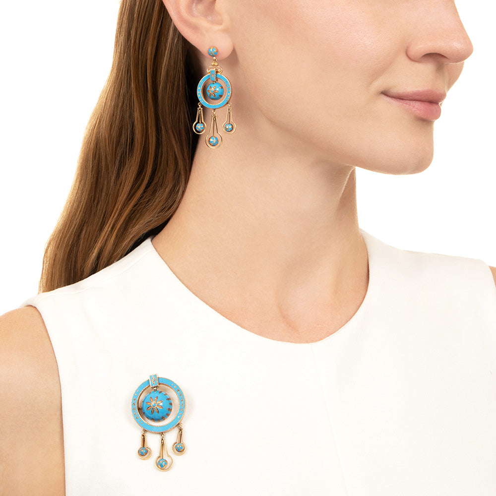 Victorian 18K Turquoise Enamel Brooch and Earring Set - 4