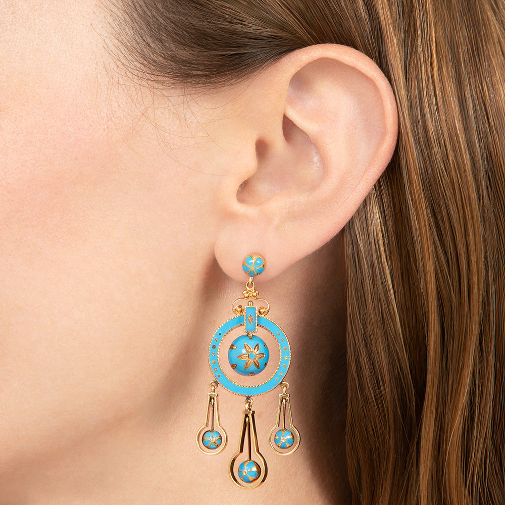 Victorian 18K Turquoise Enamel Brooch and Earring Set - 5