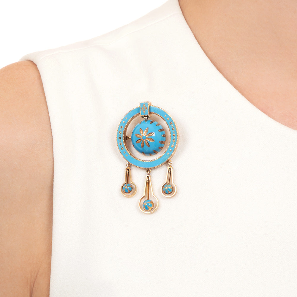Victorian 18K Turquoise Enamel Brooch and Earring Set - 6