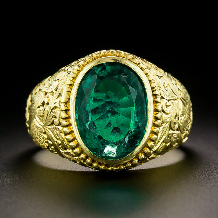 Victorian 4.00 Carat Emerald 22K Carved Ring - GIA, Size 7 1/2
