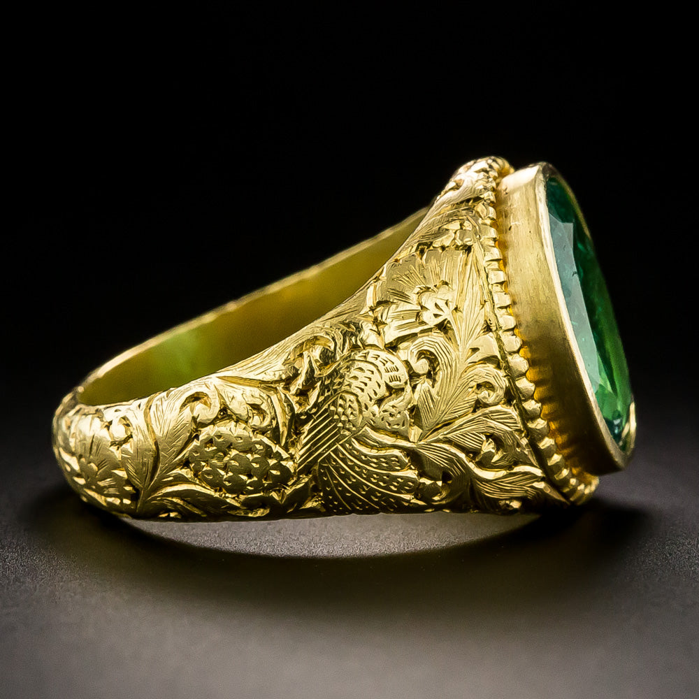 Victorian 4.00 Carat Emerald 22K Carved Ring - GIA, Size 7 1/2 - 5