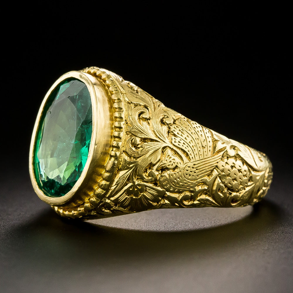 Victorian 4.00 Carat Emerald 22K Carved Ring - GIA, Size 7 1/2 - 6