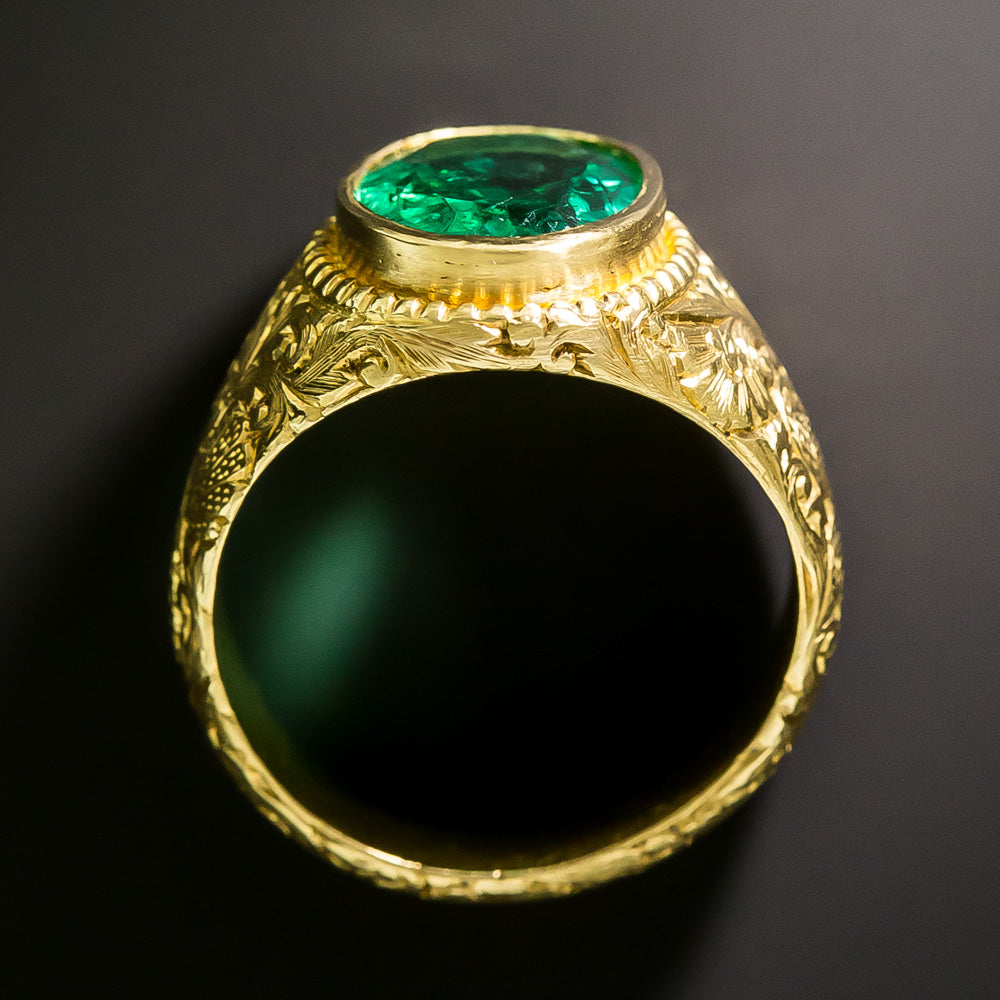 Victorian 4.00 Carat Emerald 22K Carved Ring - GIA, Size 7 1/2 - 7