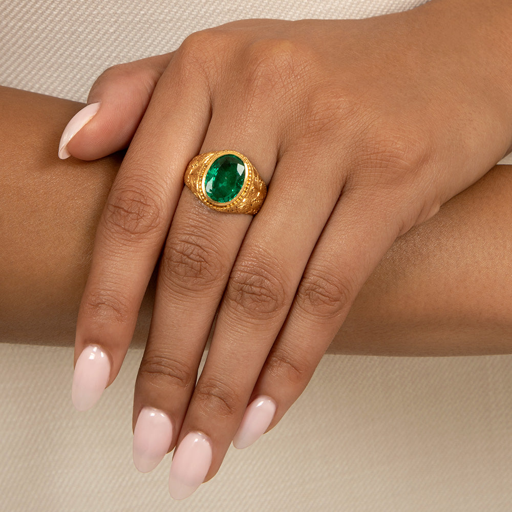Victorian 4.00 Carat Emerald 22K Carved Ring - GIA, Size 7 1/2 - 8