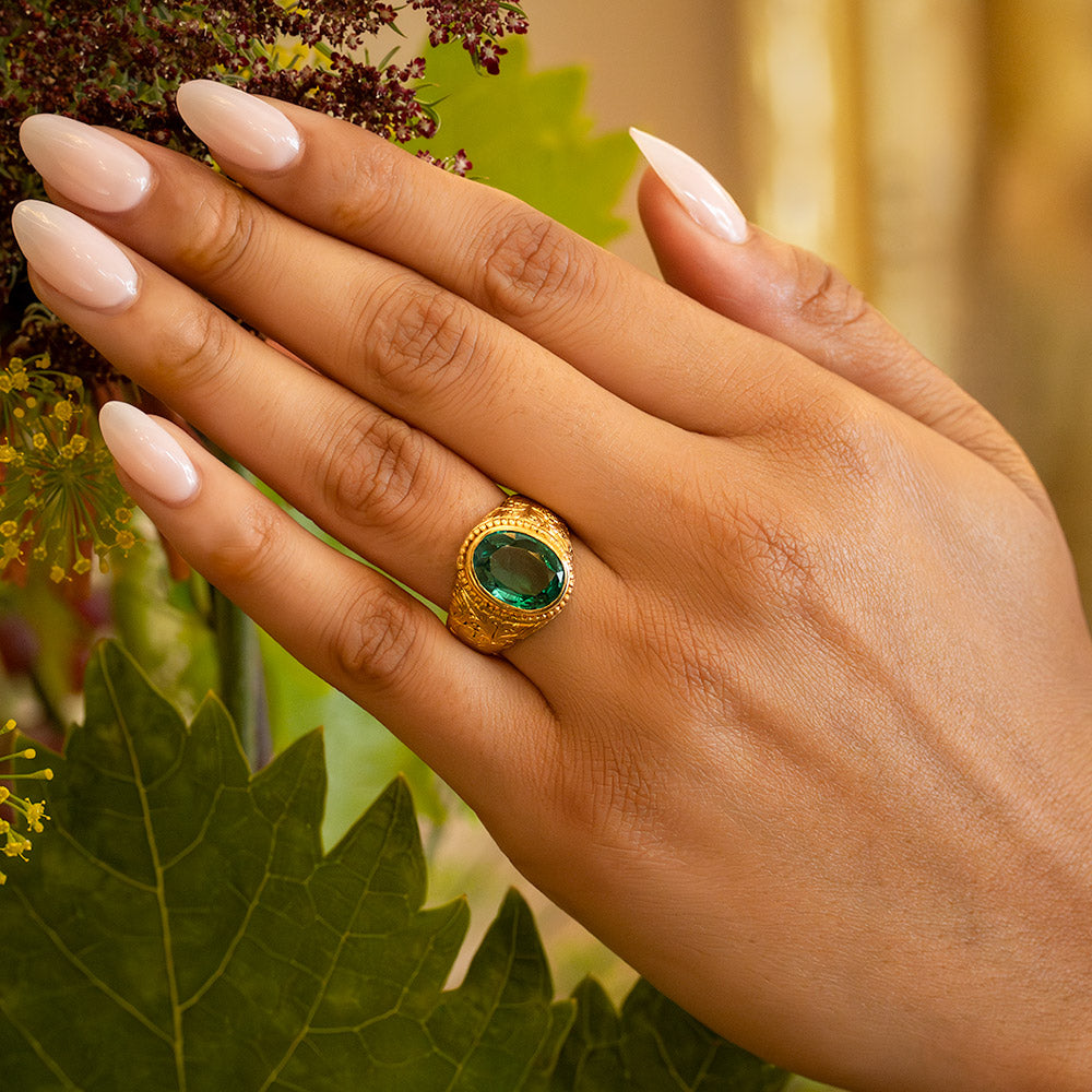Victorian 4.00 Carat Emerald 22K Carved Ring - GIA, Size 7 1/2 - 9